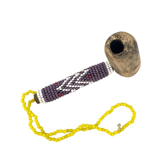Vintage Wooden Beaded Pipe With Yellow Bead Strap - Picture 1 of 7